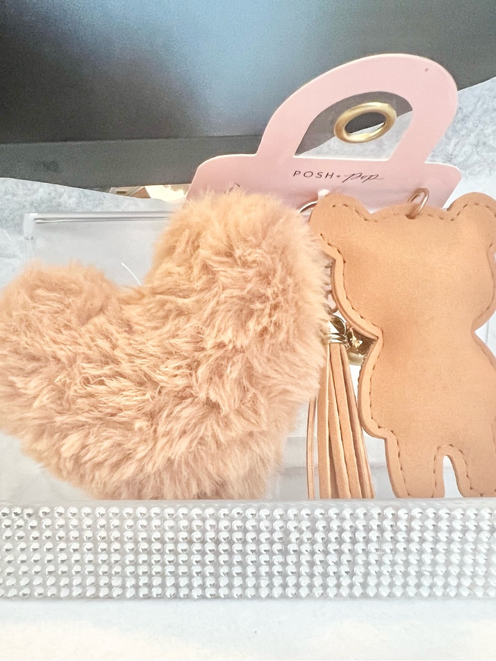 Posh Gold Crystal Teddy & Beige Pom Bag Charm NWT - Picture 4 of 6